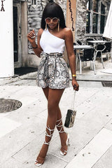 Beige Snake Print Paper Bag Waist Shorts - Lilybeth-Shorts