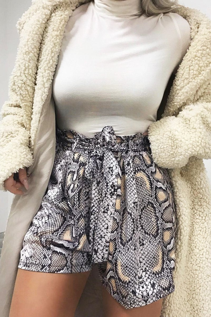 Beige Snake Print Paper Bag Waist Shorts - Lilybeth-Shorts