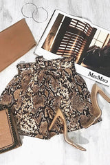 Beige Snake Print Paper Bag Waist Shorts - Niasia-Shorts