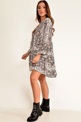 Beige Snake Print Plunge Flute Sleeve Shift Dress - Olesya-Dresses