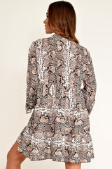 Beige Snake Print Plunge Flute Sleeve Shift Dress - Olesya-Dresses
