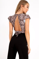 Beige Snake Print Plunge Frill Tie Back Top - Sanya-Tops