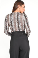 Beige Snake Print Plunge Long Sleeve Bodysuit - Kindra-Bodysuits