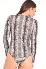 Beige Snake Print Plunge Long Sleeve Bodysuit - Kindra-Bodysuits