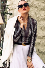 Beige Snake Print Plunge Long Sleeve Bodysuit - Kindra-Bodysuits