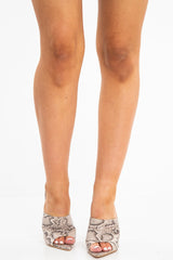 Beige Snake Print Pointed Stiletto Mules - Gricelda-Heels