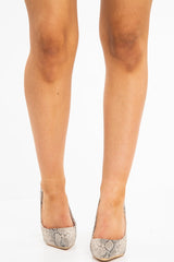 Beige Snake Print Pointed Toe Heels - Becky-Heels