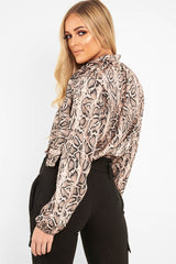 Beige Snake Print Satin Long Sleeve Bow Shirt - Abrah-Shirts