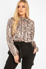 Beige Snake Print Satin Long Sleeve Bow Shirt - Abrah-Shirts
