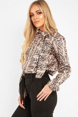 Beige Snake Print Satin Long Sleeve Bow Shirt - Abrah-Shirts
