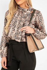 Beige Snake Print Satin Long Sleeve Bow Shirt - Abrah-Shirts