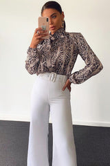 Beige Snake Print Satin Long Sleeve Bow Shirt - Abrah-Shirts