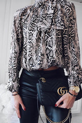 Beige Snake Print Satin Long Sleeve Bow Shirt - Abrah-Shirts