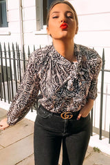 Beige Snake Print Satin Long Sleeve Bow Shirt - Abrah-Shirts