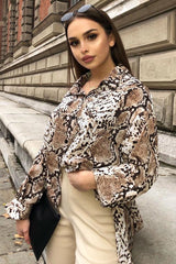 Beige Snake Print Shirt Dress - Haigen-Dresses