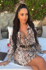 Beige Snake Print Shirt Dress - Haigen-Dresses