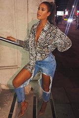 Beige Snake Print Shirt Dress - Haigen-Dresses