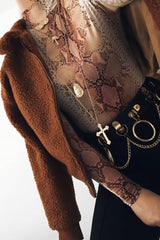 Beige Snake Print Slinky High Neck Bodysuit - Abira-Bodysuits