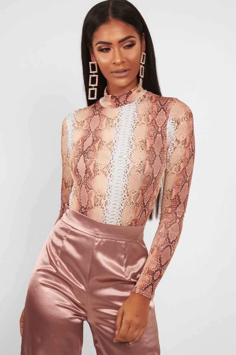 Beige Snake Print Slinky High Neck Bodysuit - Abira-Bodysuits