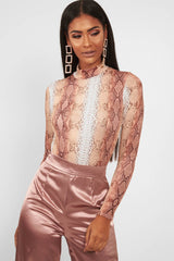 Beige Snake Print Slinky High Neck Bodysuit - Abira-Bodysuits