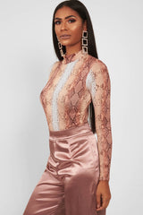 Beige Snake Print Slinky High Neck Bodysuit - Abira-Bodysuits