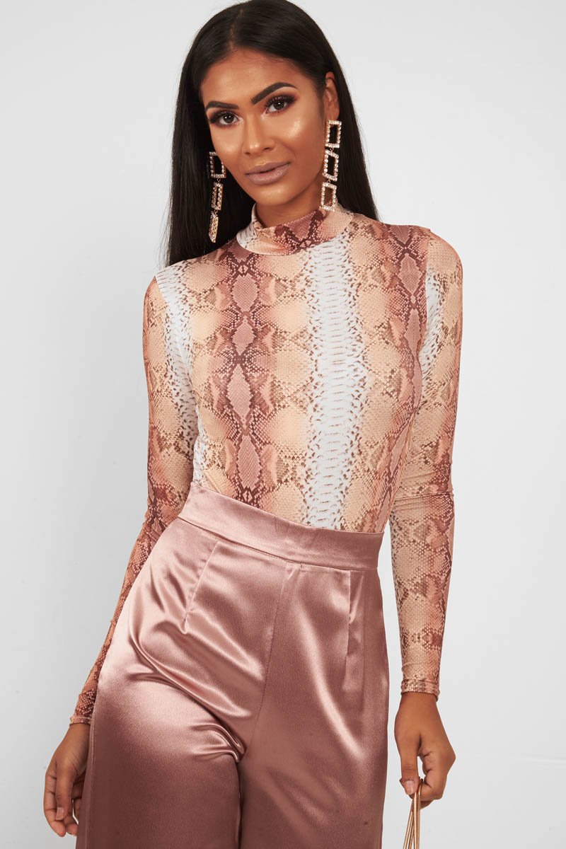 Beige Snake Print Slinky High Neck Bodysuit - Abira-Bodysuits