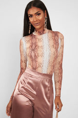 Beige Snake Print Slinky High Neck Bodysuit - Abira-Bodysuits