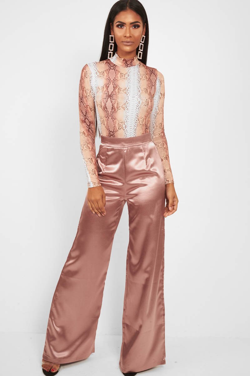 Beige Snake Print Slinky High Neck Bodysuit - Abira-Bodysuits