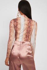 Beige Snake Print Slinky High Neck Bodysuit - Abira-Bodysuits