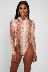 Beige Snake Print Slinky High Neck Bodysuit - Abira-Bodysuits