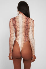 Beige Snake Print Slinky High Neck Bodysuit - Abira-Bodysuits