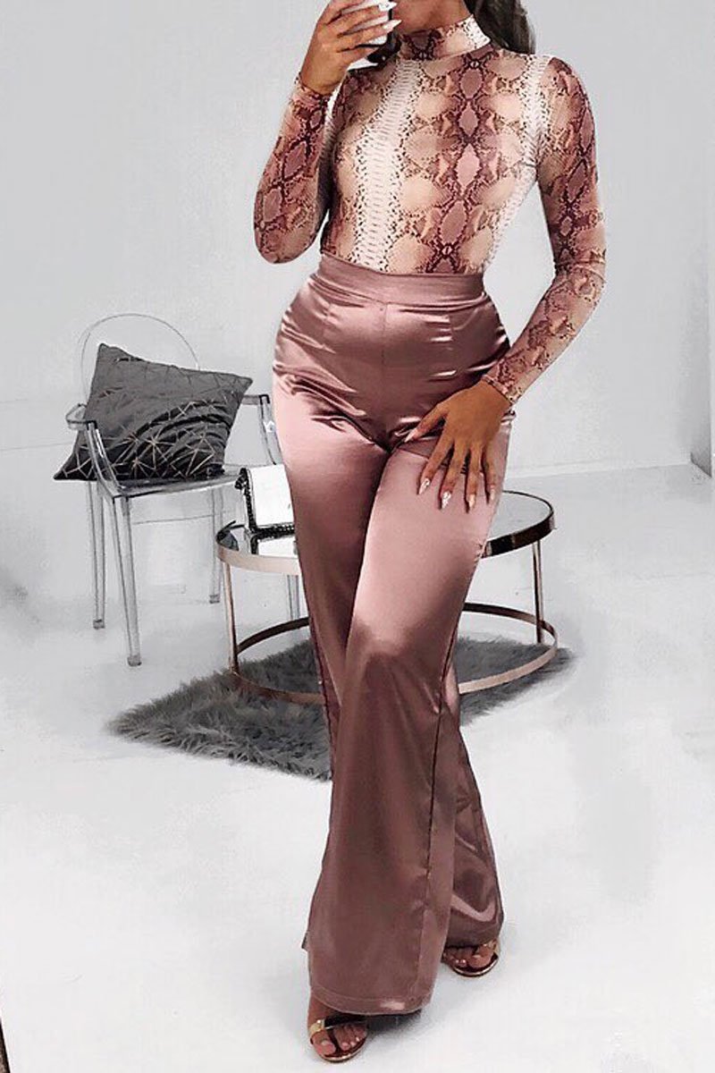 Beige Snake Print Slinky High Neck Bodysuit - Abira-Bodysuits