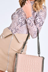 Beige Snake Print Slinky High Neck Bodysuit - Lizabelle-Bodysuits