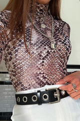 Beige Snake Print Slinky High Neck Bodysuit - Lizabelle-Bodysuits