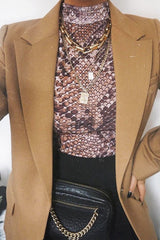 Beige Snake Print Slinky High Neck Bodysuit - Lizabelle-Bodysuits