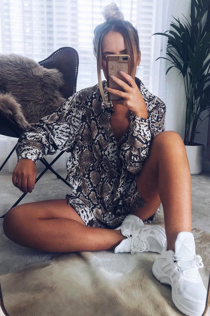 Beige Snake Print Tie Front Plunge Wrap Shirt Dress - Bexlee-Dresses