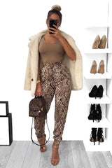 Beige Snake Print Tie Waist Cuffed Trousers - Annica-Trousers
