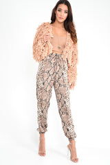 Beige Snake Print Tie Waist Cuffed Trousers - Annica-Trousers