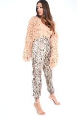 Beige Snake Print Tie Waist Cuffed Trousers - Annica-Trousers