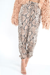 Beige Snake Print Tie Waist Cuffed Trousers - Annica-Trousers