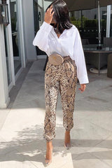 Beige Snake Print Tie Waist Cuffed Trousers - Annica-Trousers