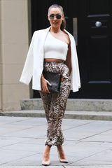 Beige Snake Print Tie Waist Cuffed Trousers - Annica-Trousers