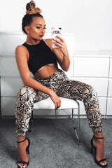 Beige Snake Print Tie Waist Cuffed Trousers - Annica-Trousers