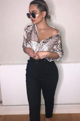 Beige Snake Print Tie Waist Shirt Dress - Yalina-Dresses