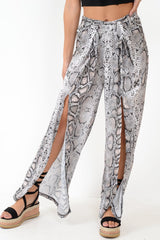 Beige Snake Print Wide Leg Belted Trousers - Brooklinn-Trousers