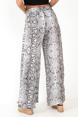 Beige Snake Print Wide Leg Belted Trousers - Brooklinn-Trousers