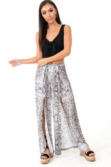 Beige Snake Print Wide Leg Belted Trousers - Brooklinn-Trousers