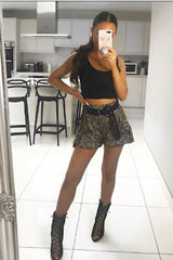 Beige Snake Print Woven Tie Front Ruffle Shorts - Mccall-Shorts