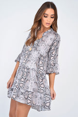 Beige Snake Satin Flute Sleeve Shift Dress - Khloey-Dresses