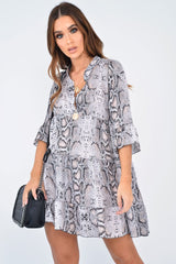 Beige Snake Satin Flute Sleeve Shift Dress - Khloey-Dresses